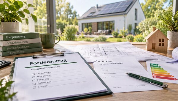 Formular „Förderantrag – Energetische Sanierung“ auf einem Klemmbrett, daneben ein Auftragsformular für Handwerksleistungen