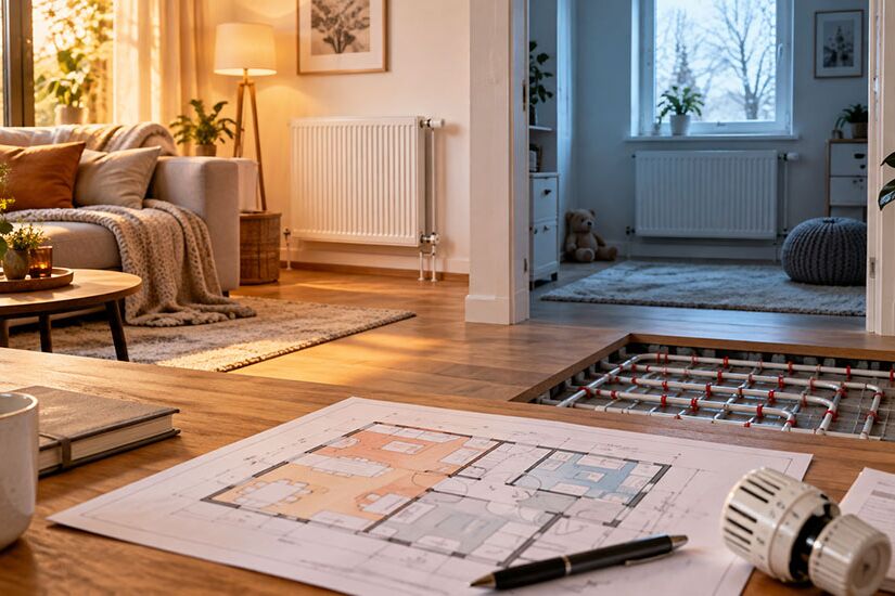 Warm beleuchtetes Wohnzimmer mit Heizkörper neben einem kühl wirkenden Nachbarraum, im Vordergrund ein Grundriss und ein Thermostatkopf