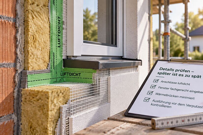 Wandaufbau im Schnitt mit Dämmung und grünem Luftdichtheitsband am Fensteranschluss, daneben eine Checkliste zur Bauüberwachung
