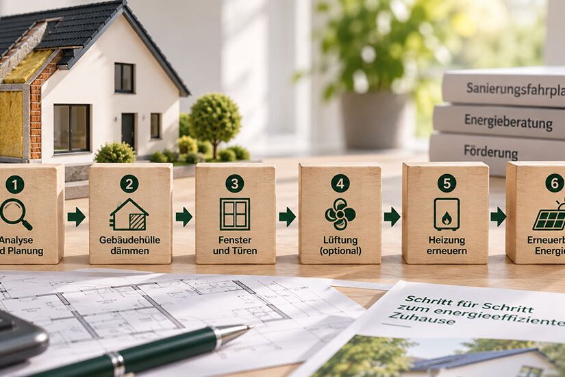 Sechs beschriftete Holzwürfel zeigen die Sanierungsschritte: Analyse und Planung, Gebäudehülle dämmen, Fenster und Türen, Lüftung, Heizung erneuern, erneuerbare Energien