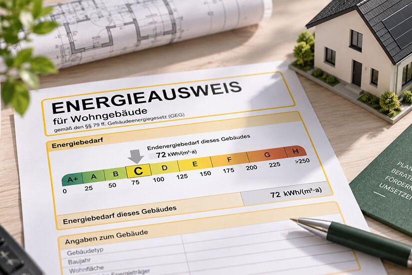 Energieausweis für Wohngebäude mit Farbskala von A+ bis H und einem Endenergiebedarf von 72 Kilowattstunden pro Quadratmeter und Jahr