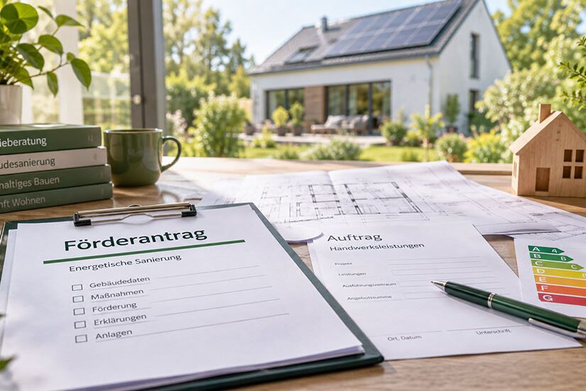 Formular „Förderantrag – Energetische Sanierung“ auf einem Klemmbrett, daneben ein Auftragsformular für Handwerksleistungen