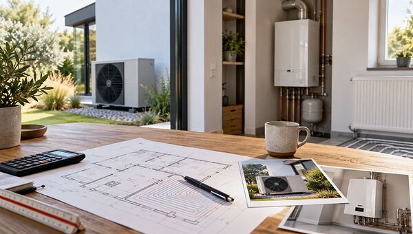 Planungstisch mit Grundriss, Taschenrechner und Zollstock; im Hintergrund eine Wärmepumpe im Garten und ein wandhängendes Heizgerät mit Heizkörper