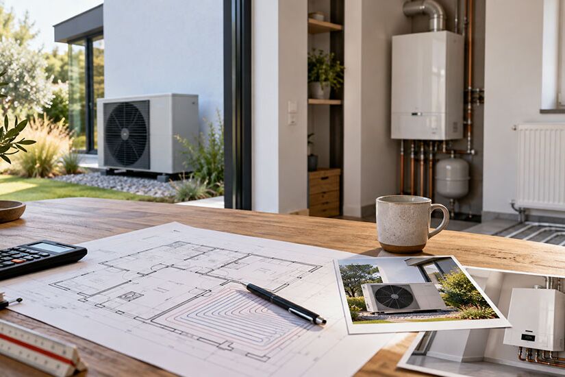 Planungstisch mit Grundriss, Taschenrechner und Zollstock; im Hintergrund eine Wärmepumpe im Garten und ein wandhängendes Heizgerät mit Heizkörper