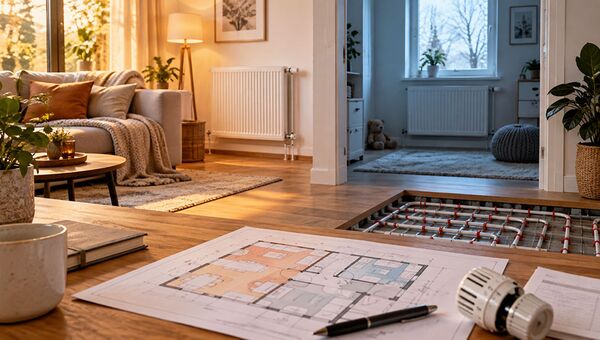 Warm beleuchtetes Wohnzimmer mit Heizkörper neben einem kühl wirkenden Nachbarraum, im Vordergrund ein Grundriss und ein Thermostatkopf