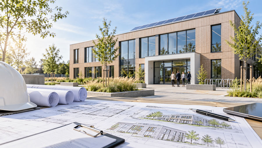 Zweigeschossiges Bürogebäude in Holzbauweise mit Photovoltaik auf dem Dach, davor Baupläne, Helm und Klemmbrett