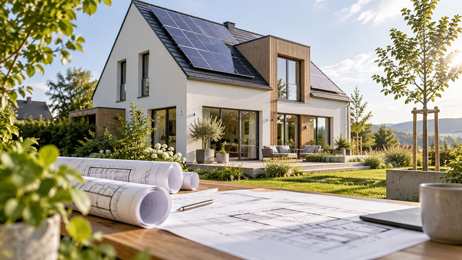 Neu gebautes Einfamilienhaus mit Photovoltaikdach und Holzfassade, im Vordergrund Baupläne auf einem Tisch