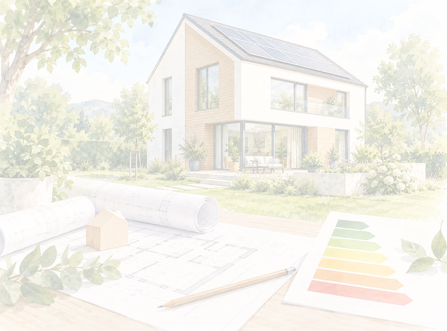 Illustration: Modernes Haus mit Photovoltaikdach, davor Baupläne, ein Hausmodell und eine Energieeffizienzskala