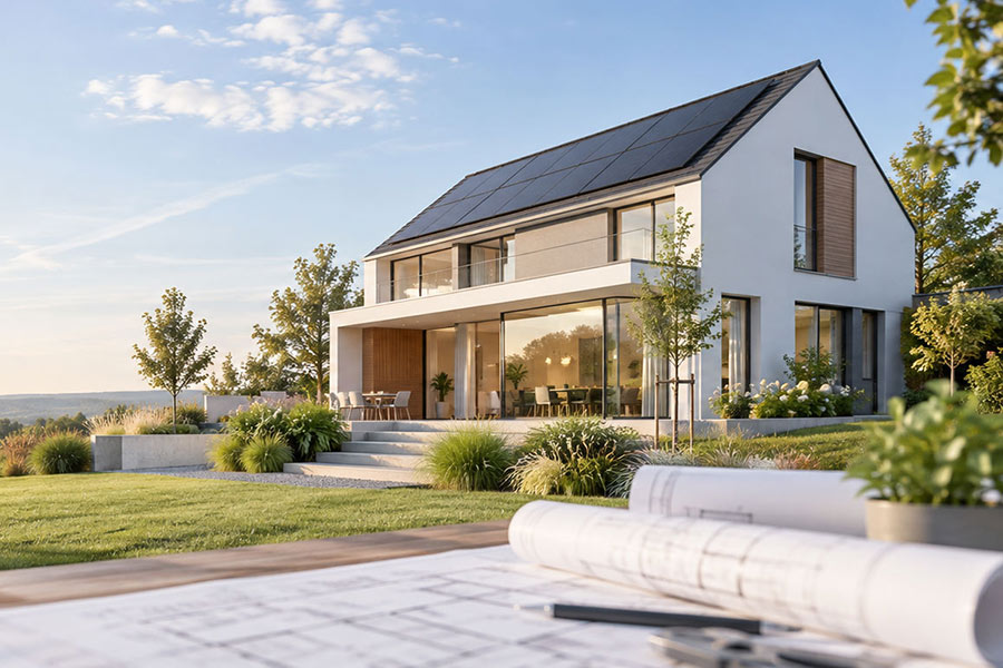 Modernes Wohnhaus mit Photovoltaikdach und bodentiefen Fenstern, im Vordergrund aufgerollte Baupläne