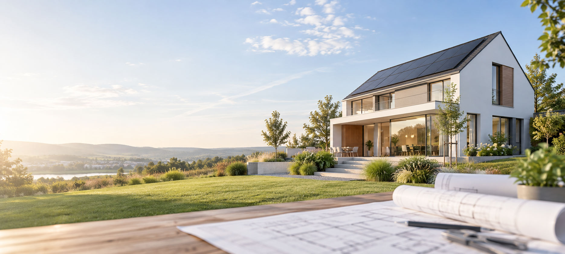 Modernes Wohnhaus mit Photovoltaikdach in Hanglage, im Vordergrund aufgerollte Baupläne auf einem Tisch