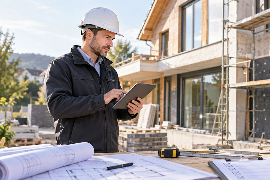 Bauleiter mit Helm und Tablet vor einem Rohbau, im Vordergrund aufgerollte Baupläne und ein Maßband