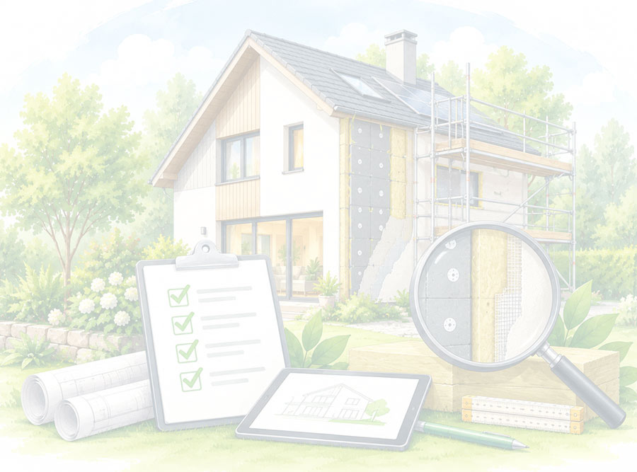 Illustration: Haus mit halb gedämmter Fassade, davor Checkliste, Tablet und eine Lupe, die den Dämmaufbau vergrößert