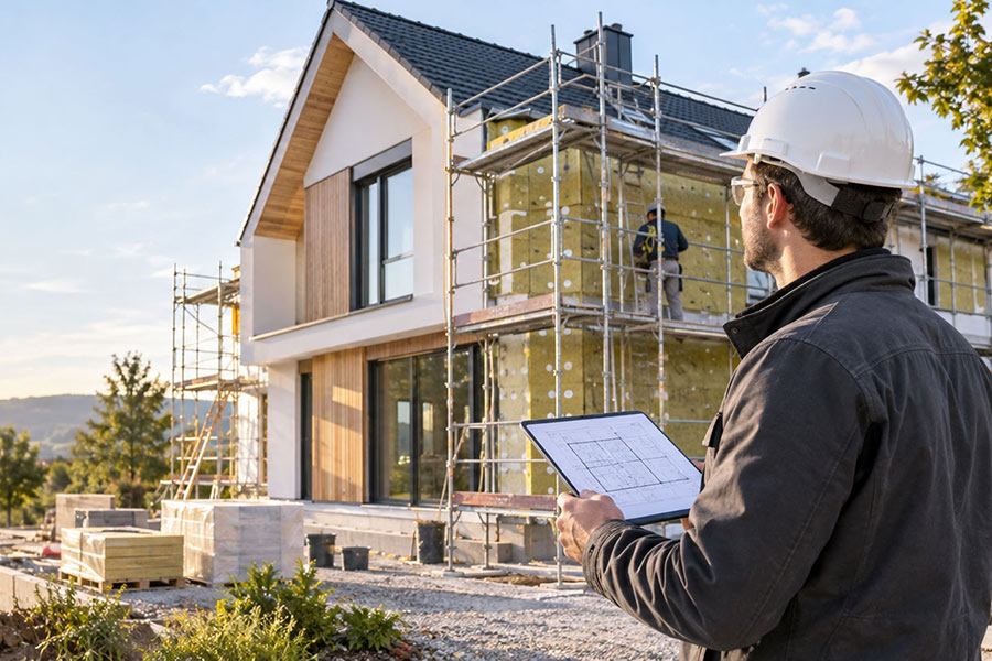 Fachmann mit Helm und Bauplan vor einem eingerüsteten Haus, an dem die Dämmung angebracht wird