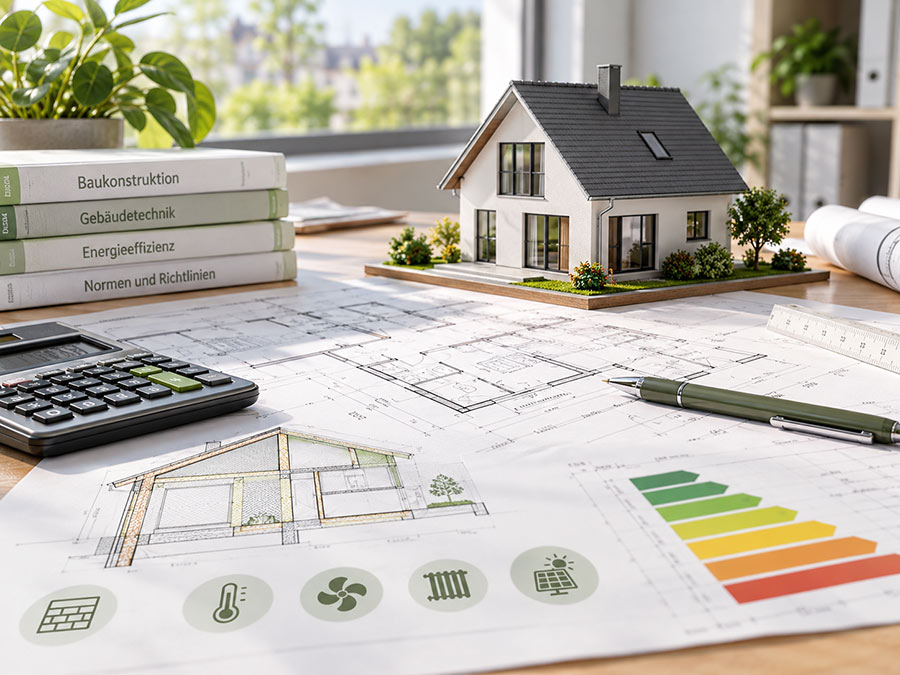 Schreibtisch mit Bauplänen, Fachbüchern zu Energieeffizienz, Taschenrechner und einem Hausmodell; auf dem Plan eine Energieeffizienzskala