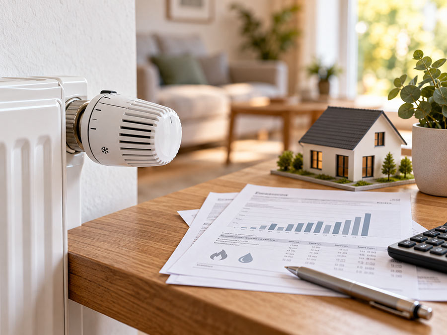 Heizkörper mit Thermostat in einem Wohnraum, auf dem Tisch daneben Verbrauchsabrechnungen mit Diagramm und ein Hausmodell