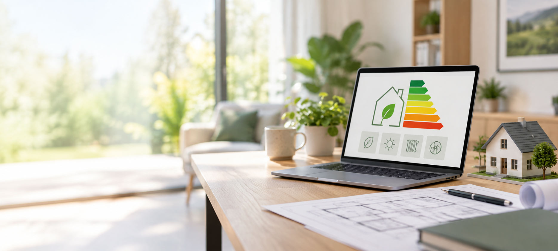 Laptop auf einem Wohnzimmertisch zeigt ein Hauszeichen mit farbiger Energieeffizienzskala, daneben ein Grundriss und ein Hausmodell