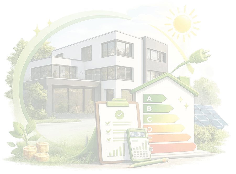 Illustration eines energieoptimierten Hauses mit Energieausweis