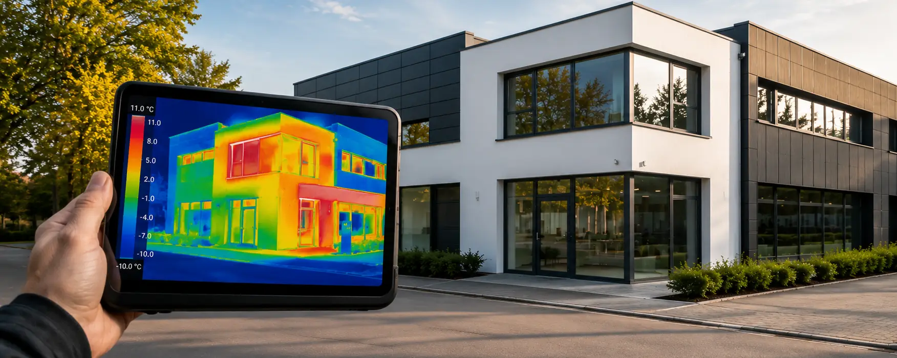 Energieberater analysiert ein modernes Gebäude mit einer Wärmebildkamera.