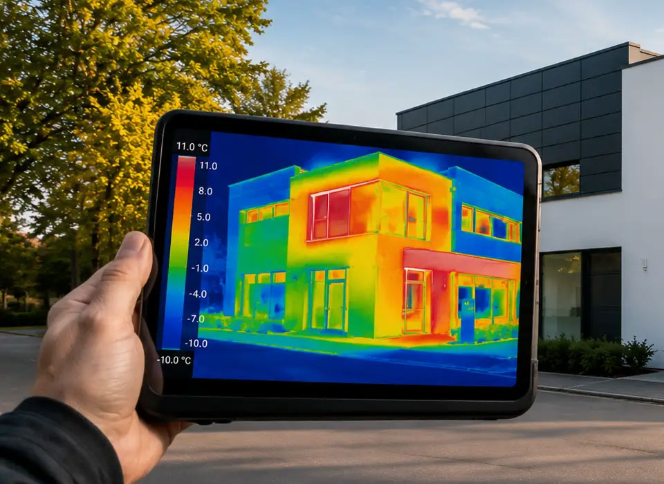 Hand hält ein Tablet mit einer Wärmebildaufnahme, die die Wärmeverluste eines Gebäudes in Farben zeigt; dahinter das reale Gebäude