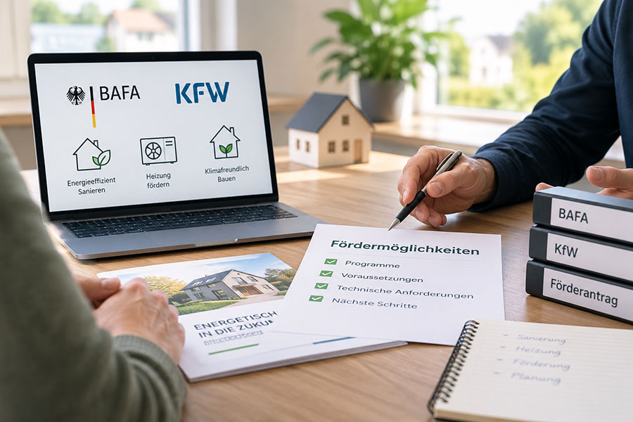 Beratungssituation am Tisch: Laptop mit den Logos von BAFA und KfW, daneben eine Checkliste mit Fördermöglichkeiten und Aktenordner