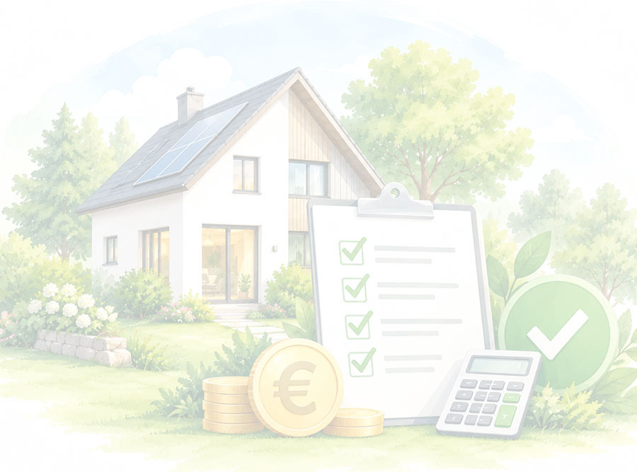 Illustration: Wohnhaus mit Photovoltaikdach, davor eine Checkliste, Euromünzen und ein Taschenrechner