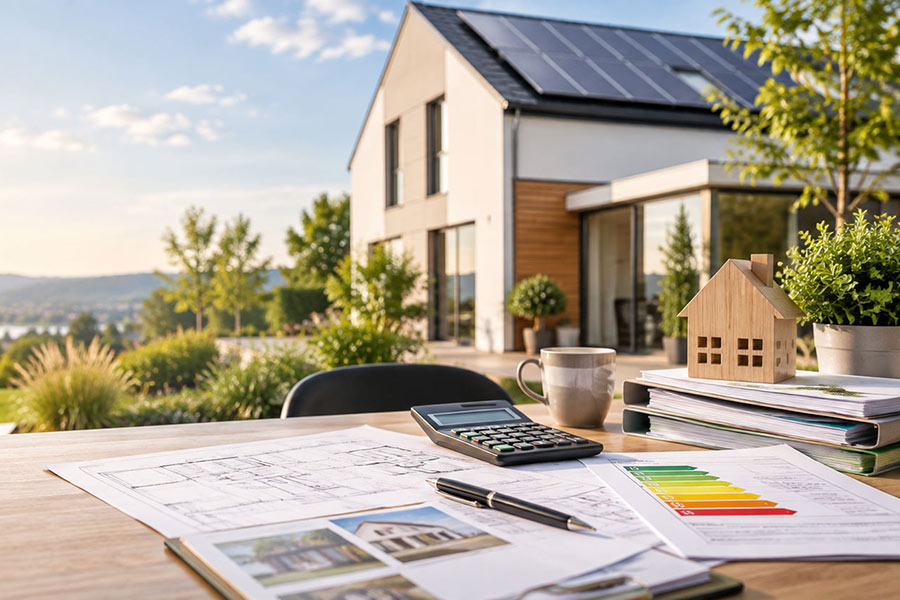 Beratungstisch mit Bauplänen, Taschenrechner und Energieskala vor einem Haus mit Photovoltaikdach