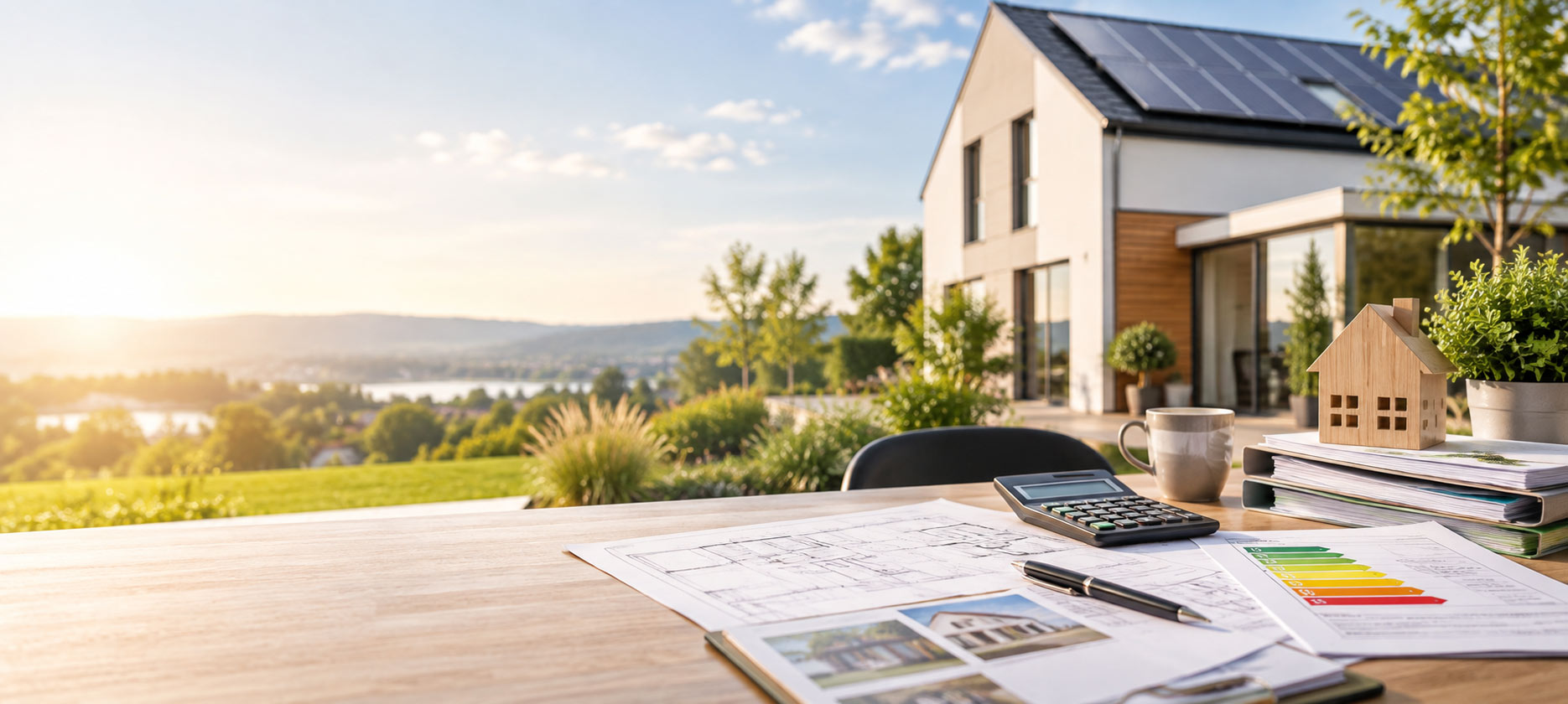 Terrassentisch mit Bauplänen, Taschenrechner und Energieskala, dahinter ein Haus mit Photovoltaikdach und Blick ins Tal