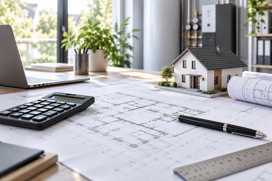 Arbeitsplatz mit Grundriss, Taschenrechner und Hausmodell, im Hintergrund die Heizungsanlage