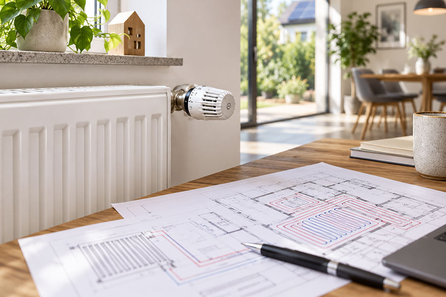 Heizkörper mit Thermostat in einem hellen Wohnraum, davor Pläne mit eingezeichneten Heizkreisen und Fußbodenheizung