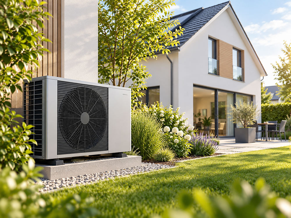 Wärmepumpen-Außengerät an der Hauswand eines modernen Einfamilienhauses mit Garten