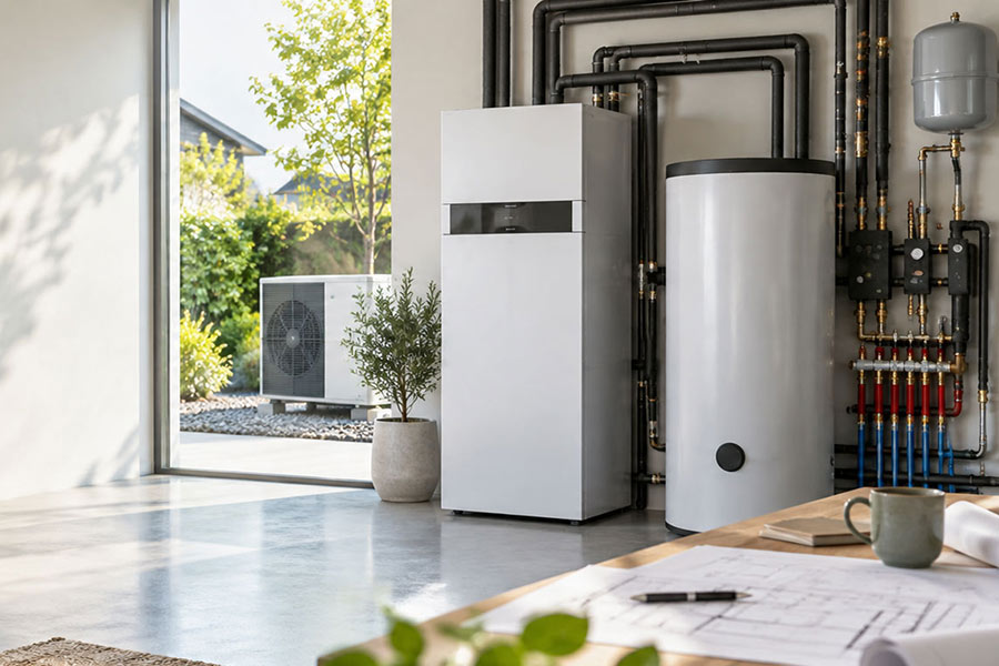 Technikraum mit Wärmepumpe und Pufferspeicher, im Garten dahinter das Außengerät