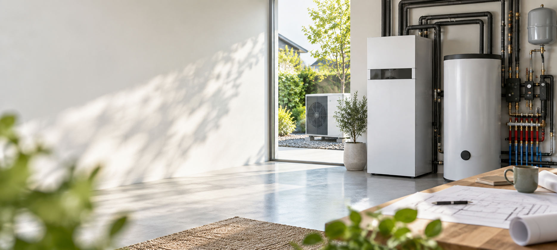 Technikraum mit Wärmepumpe und Pufferspeicher, durch die Glastür ist das Außengerät im Garten zu sehen
