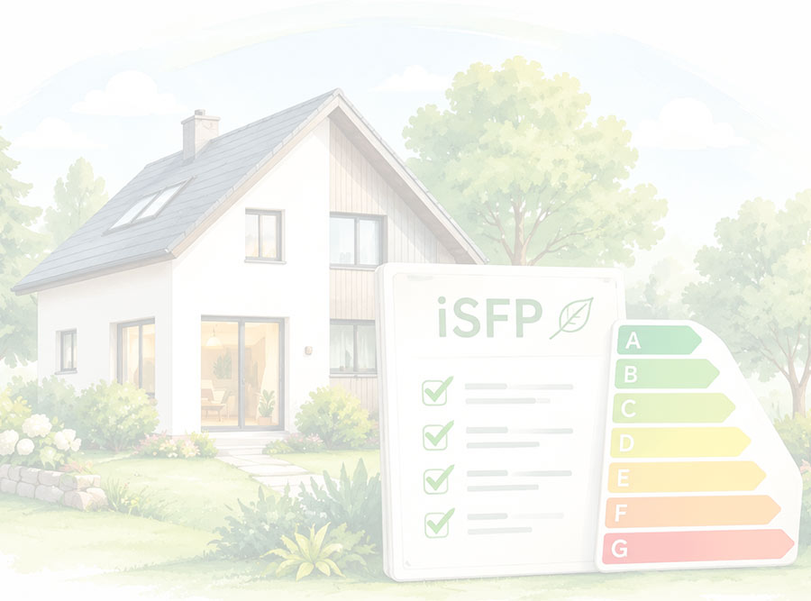 Illustration: Wohnhaus mit Garten, davor eine iSFP-Checkliste mit Häkchen und eine Energieeffizienzskala von A bis G