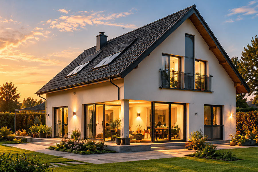 Saniertes Einfamilienhaus mit beleuchteten Fenstern und Dachfenstern in der Abenddämmerung