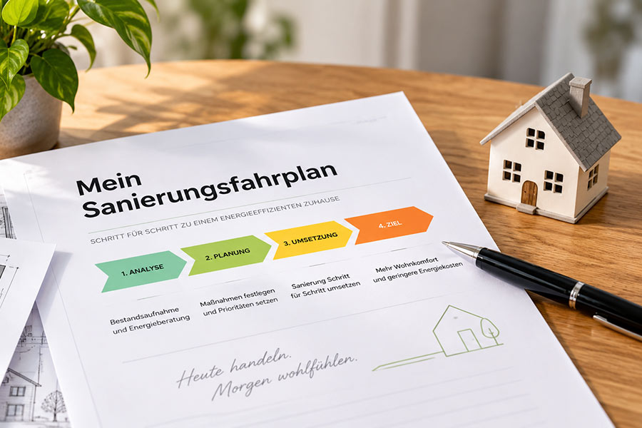 Ausgedruckter Sanierungsfahrplan mit den vier Schritten Analyse, Planung, Umsetzung und Ziel, daneben ein Hausmodell aus Holz
