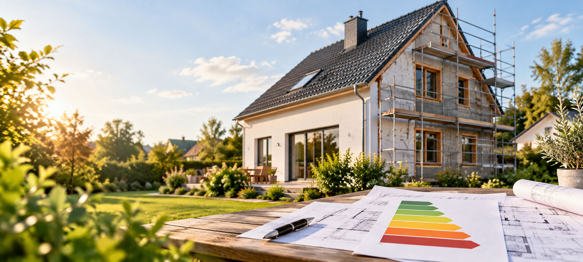 Einfamilienhaus, zur Hälfte eingerüstet und gedämmt, davor ein Gartentisch mit Bauplänen und farbiger Energieeffizienzskala