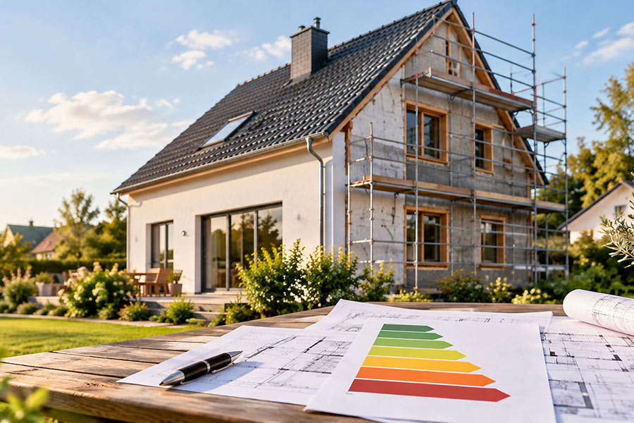 Zur Hälfte eingerüstetes Einfamilienhaus, davor Baupläne und eine farbige Energieeffizienzskala auf einem Gartentisch