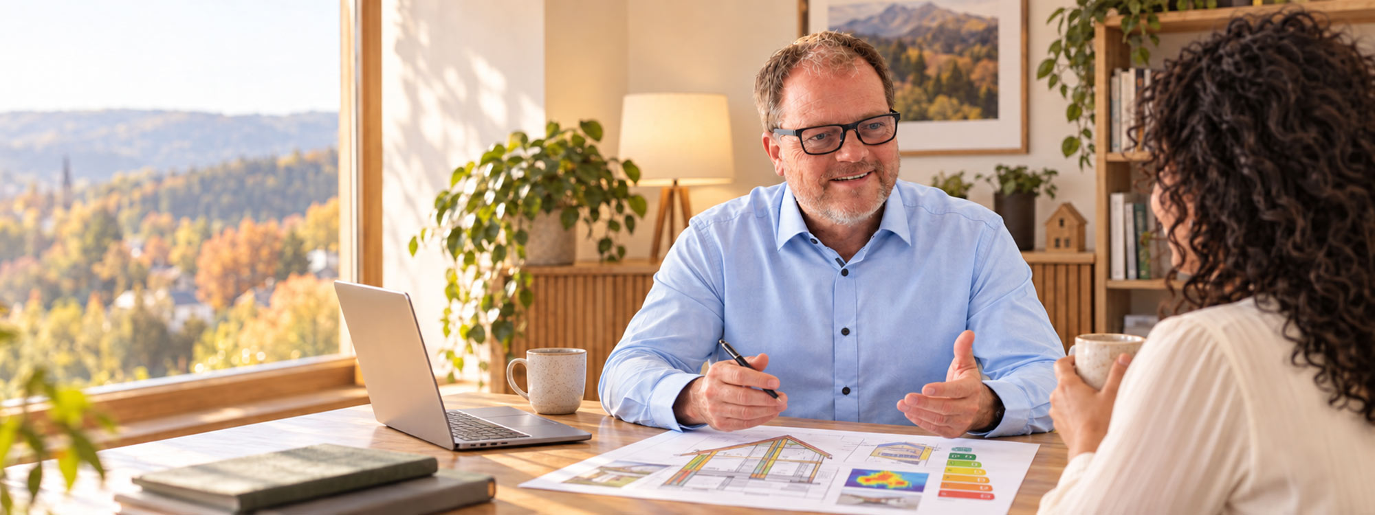 Energieberater Thomas Baum sitzt lächelnd am Schreibtisch vor einem Laptop, im Hintergrund ein Fenster mit Blick ins Grüne
